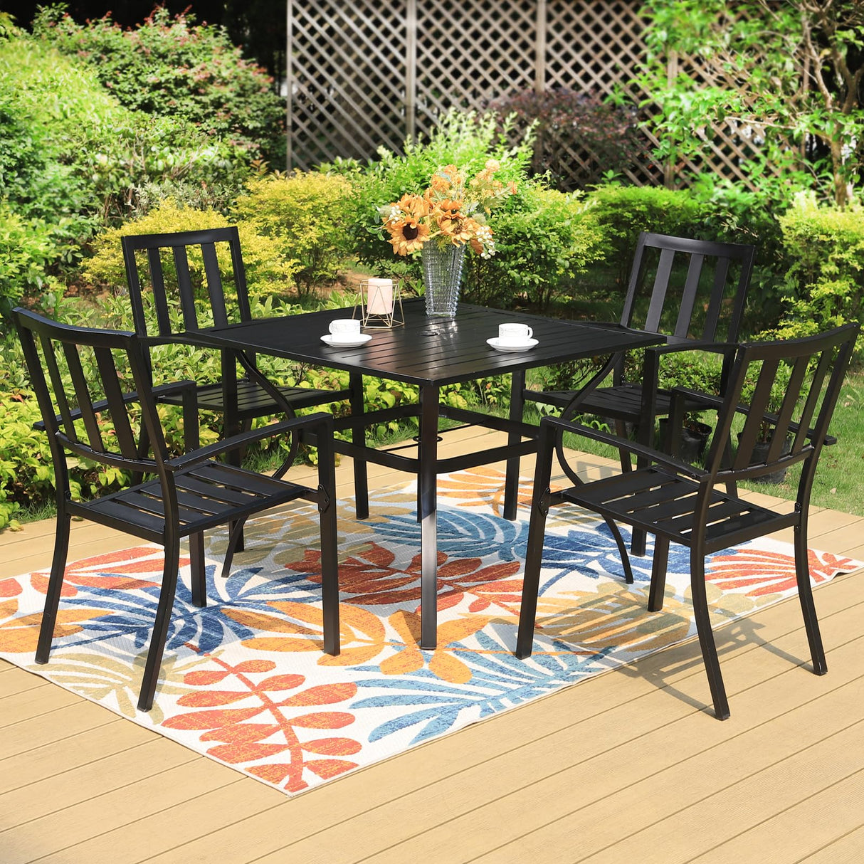 5 Piece Metal Patio Dining Set 37" Square Patio Bistro Table and Garden Backyard Chairs - Umbrella Hole 1.57"