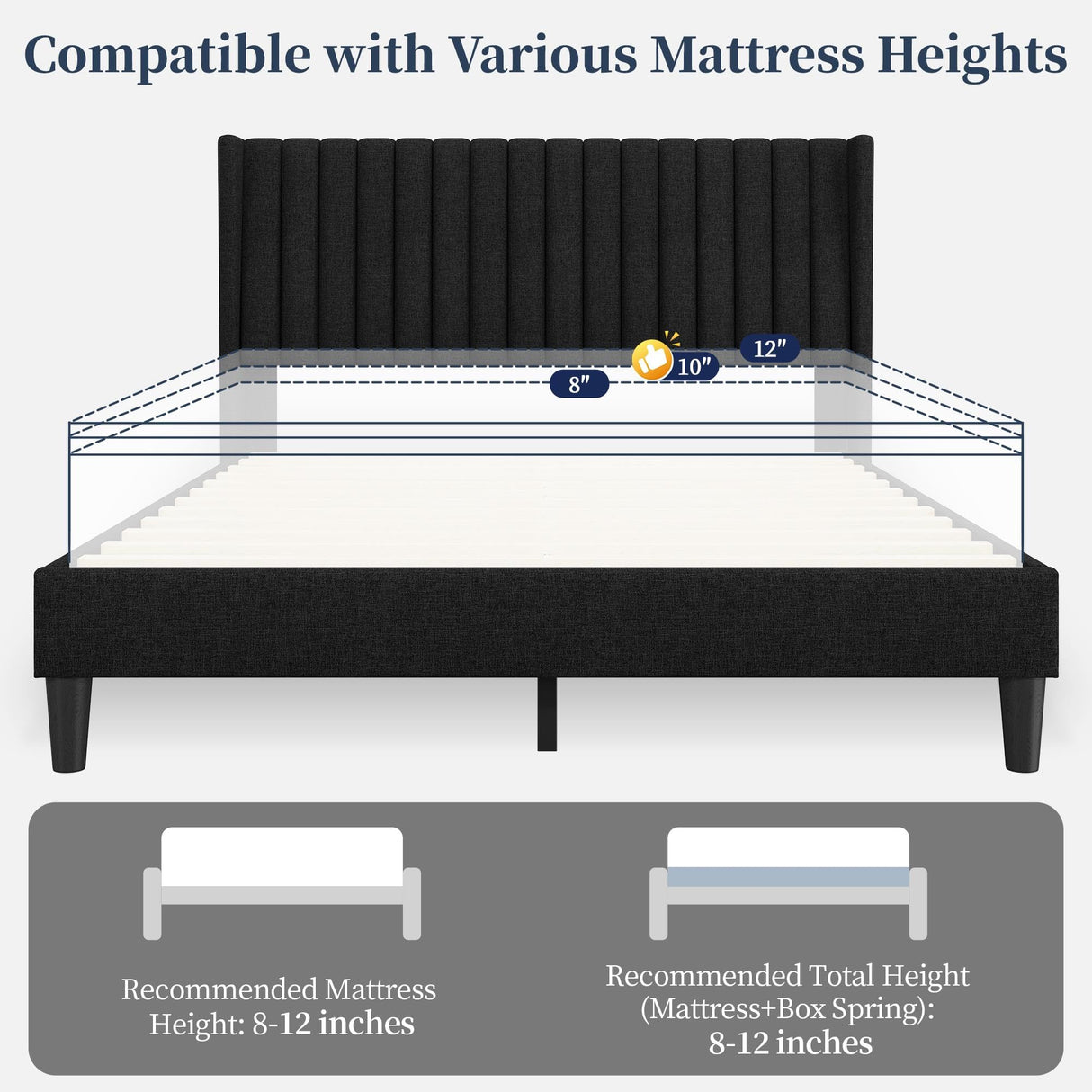 Queen Upholstered Platform Bed Frame with Fabric Headboard - Black