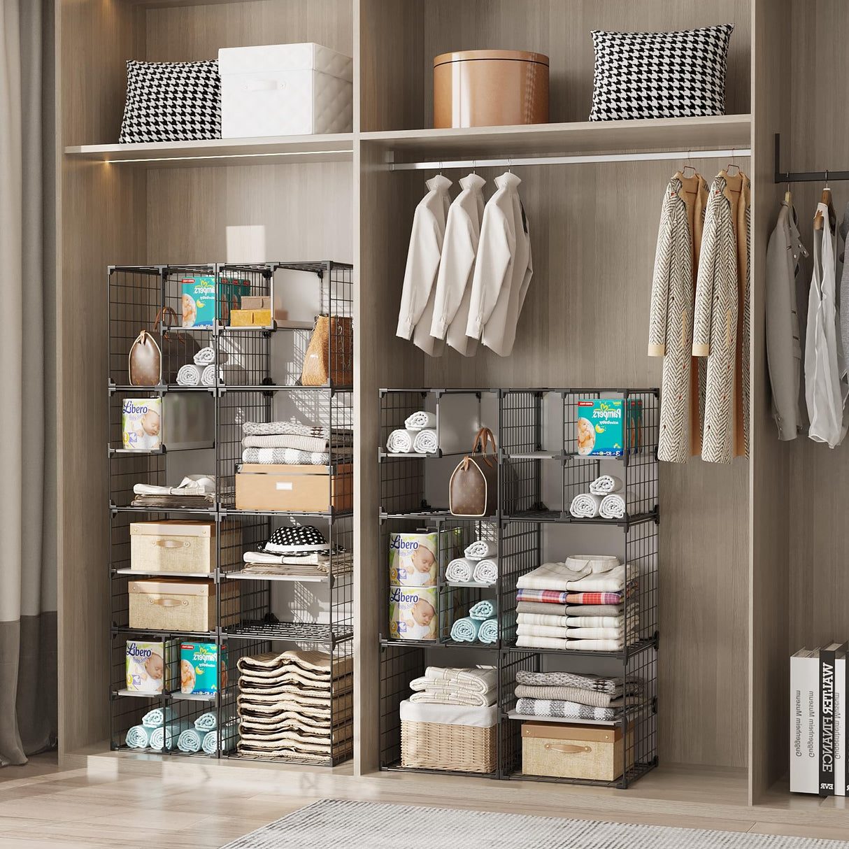 Wire Grid Storage Shelves, Stackable 6 Cube Storage Shelf, Closet Organizer, Metal Shelving Unit, Bookcase Bookshelf, Black