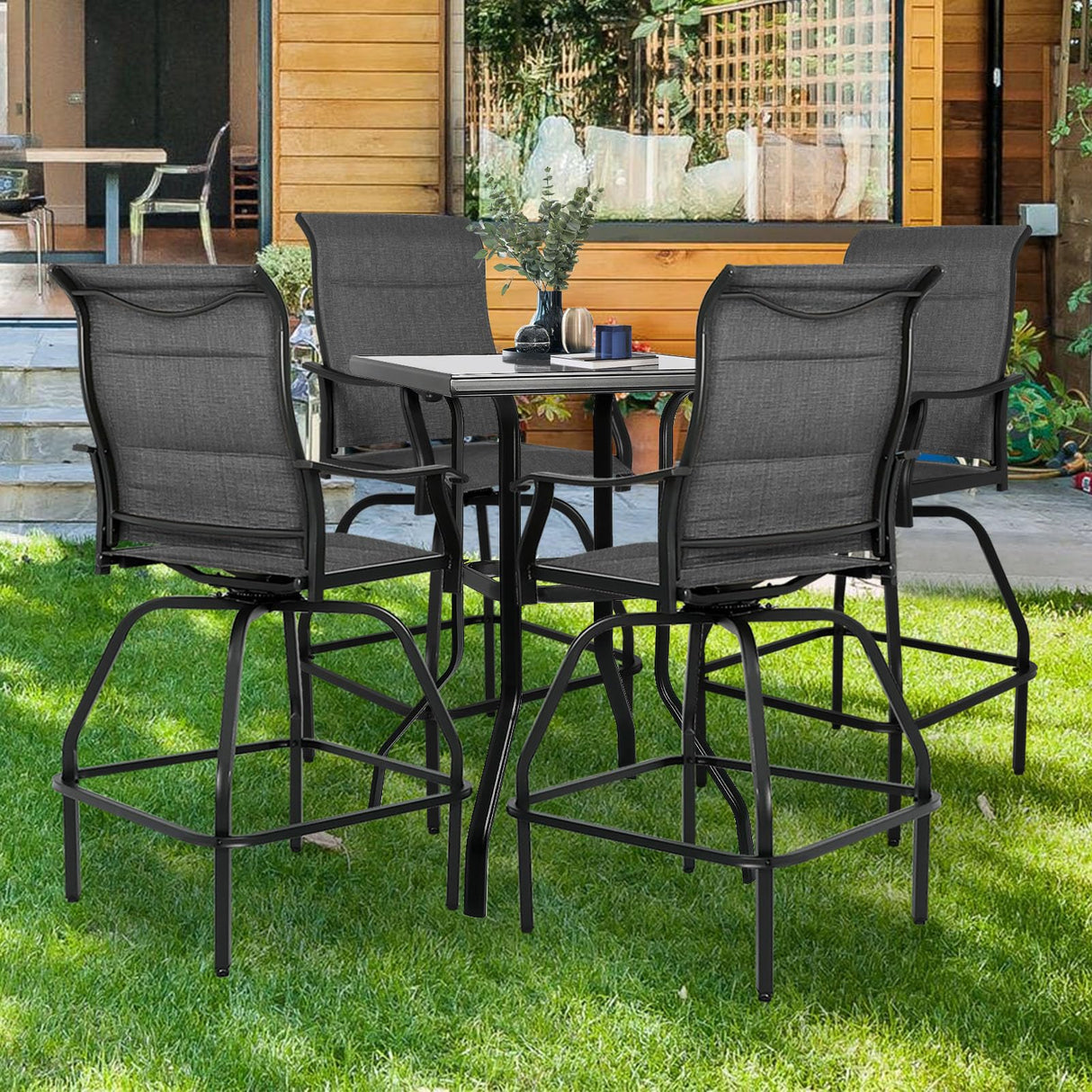 Patio Bar Set Swivel Bar Stools Outdoor Bistro Textilene Furniture Stability All-Weather Set