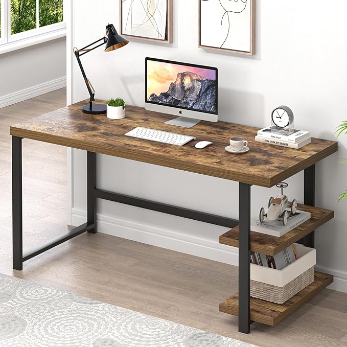 Industrial Computer Desk, Home Office Desk with Storage Shelves, Wood Study Writing