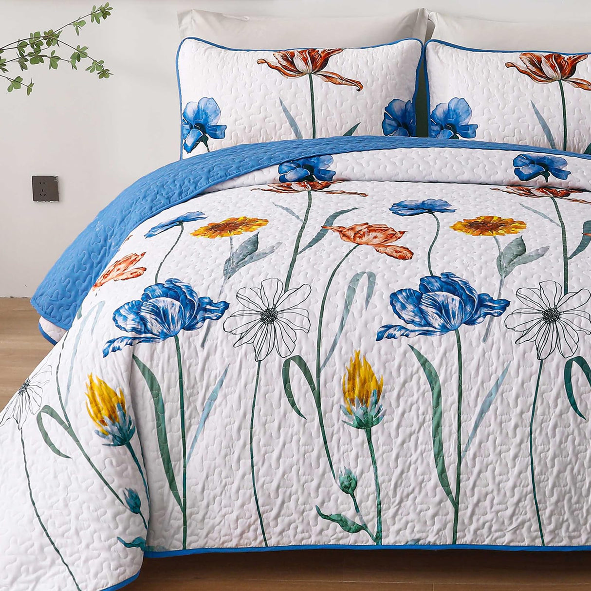 Blue Floral Quilt Set Queen Size,Blue Botanical Printed Bedspread Coverlet Set