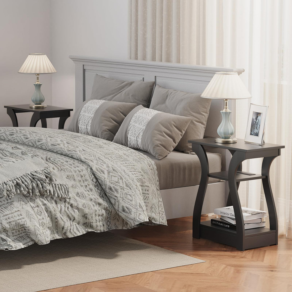 End Table with Charging Station, Side Table with USB Ports and Outlets, 3 Tier Nightstand