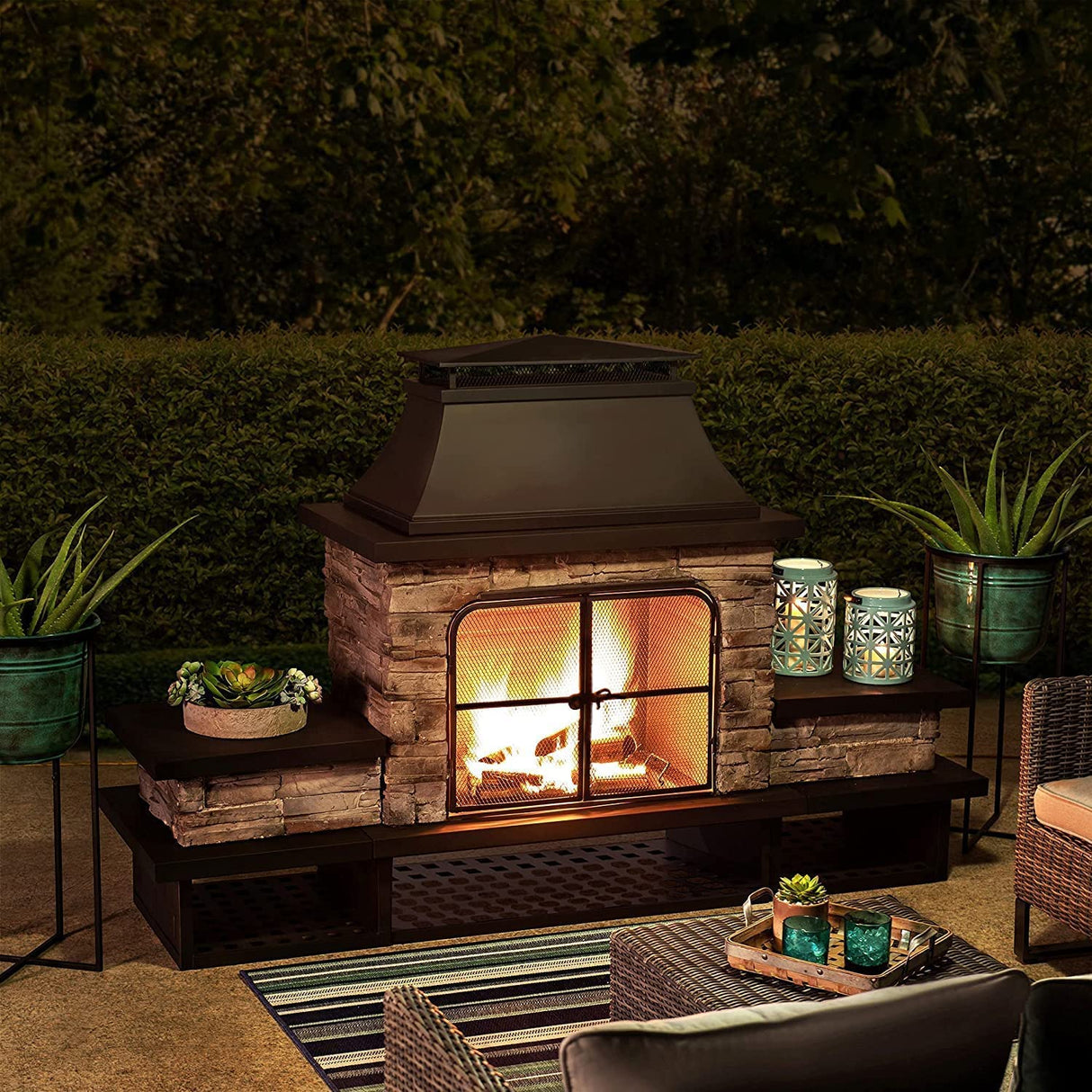 Outdoor Fireplace, Patio Wood Burning Fireplace with Steel Chimney