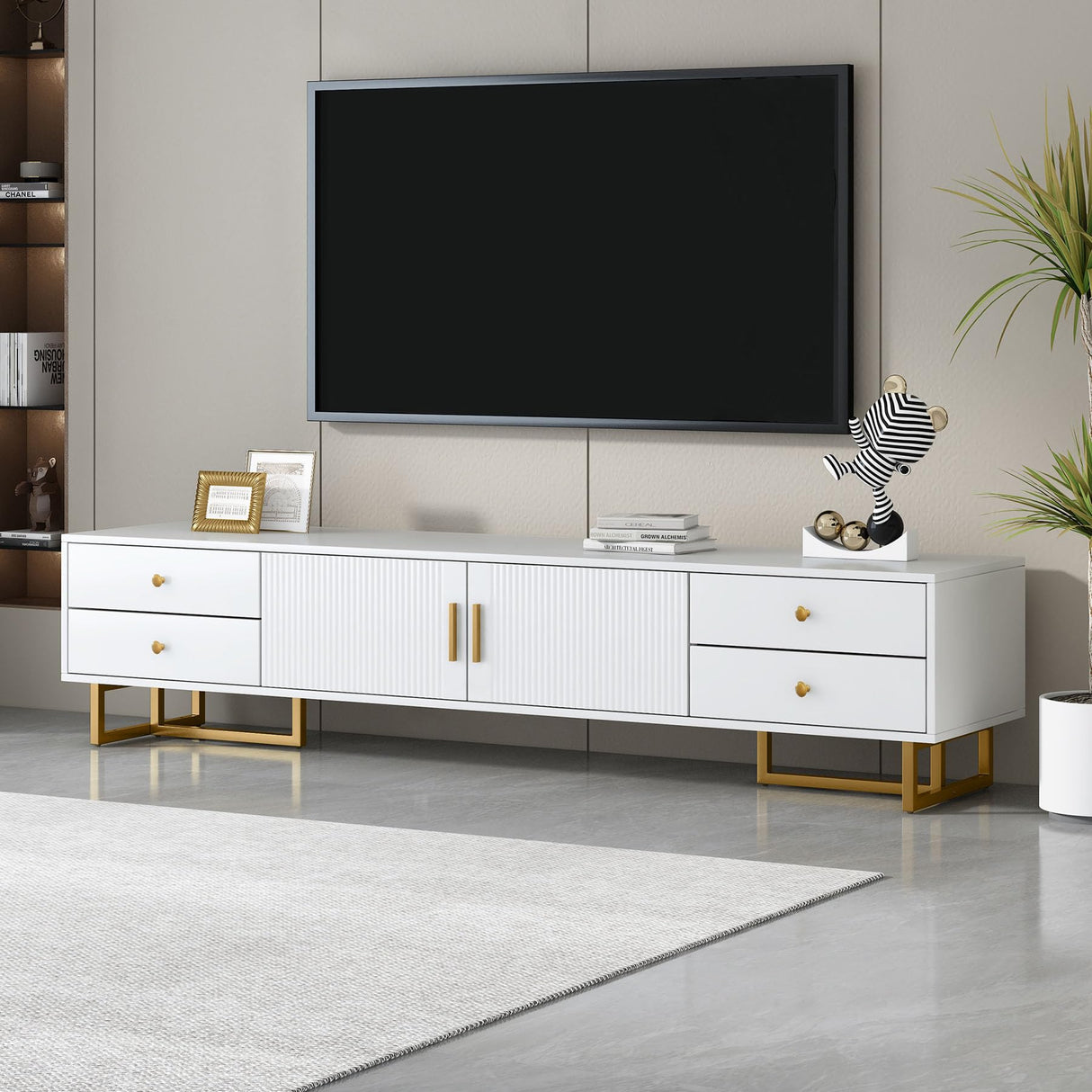 70" Modern TV Stand with 4 Storage Drawers and Groove Pattern Doors