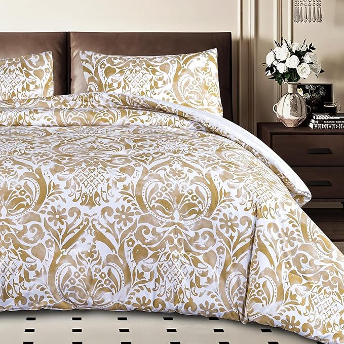 3 Pieces Comforter Set King Size, Cotton Fabric with Microfiber Inner Fill