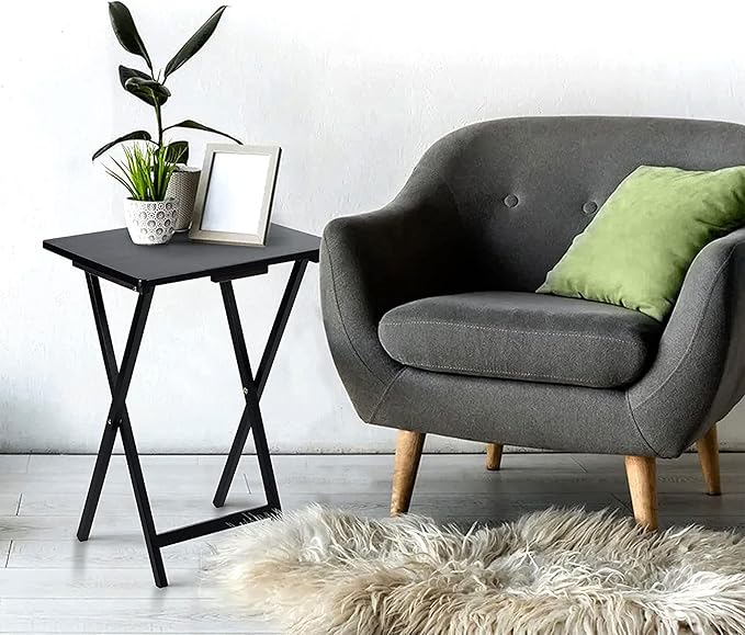 PJ Wood 5 Piece Set, 4 Folding Wooden TV Tray Snack Tables with Storage Rack