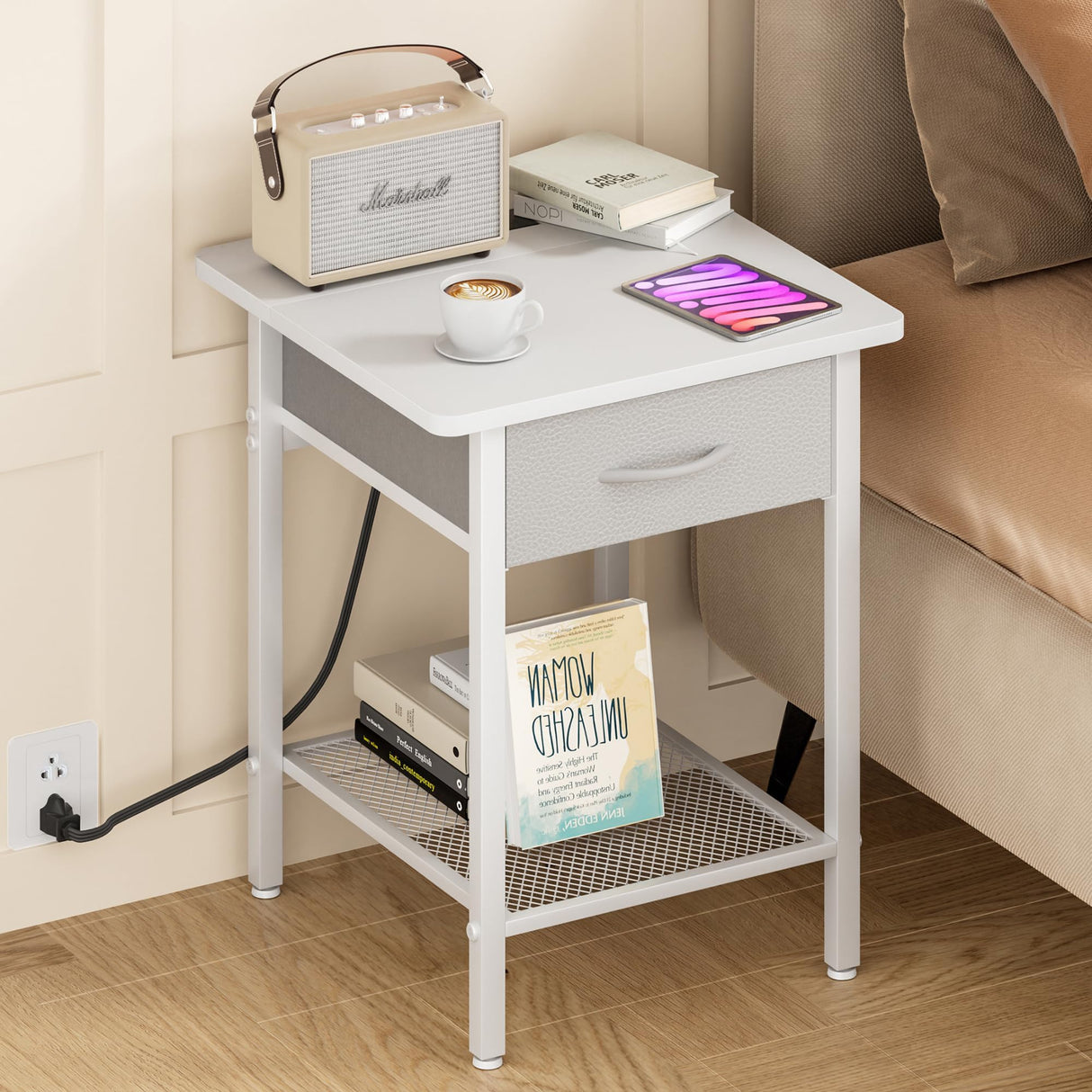 Nightstands Set of 2 with Charging Station and Fabric Storage Drawer,16.5" x 15.8" Side