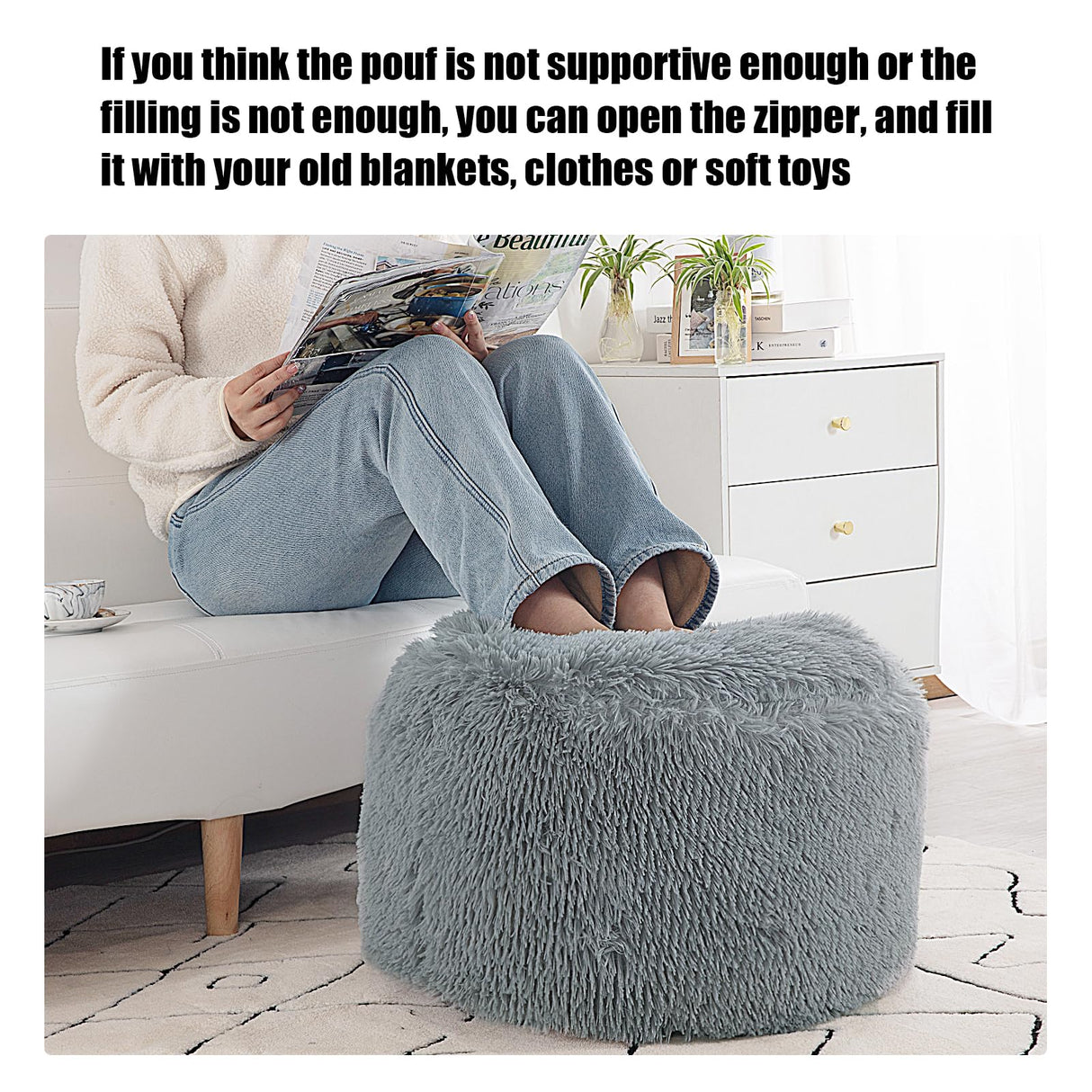 Round Pouf Ottoman Stuffed,Faux Fur Pouf Ottoman