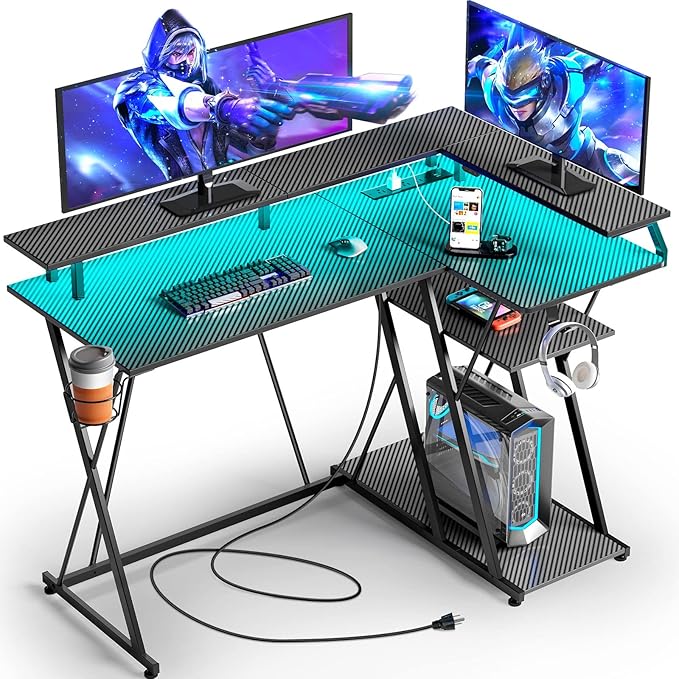 L Shaped Gaming Desk with LED Lights & Power Outlets, 55” Reversible Corner Desk