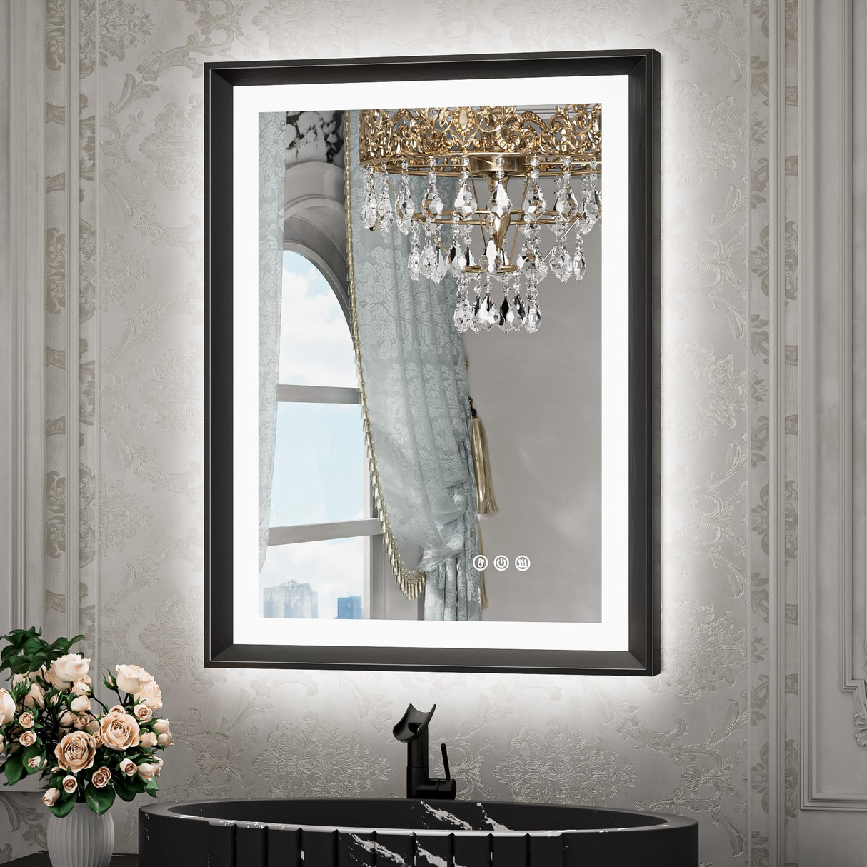 LED Mirror for Bathroom Black Metal Frame Frontlit & Backlit Lighted