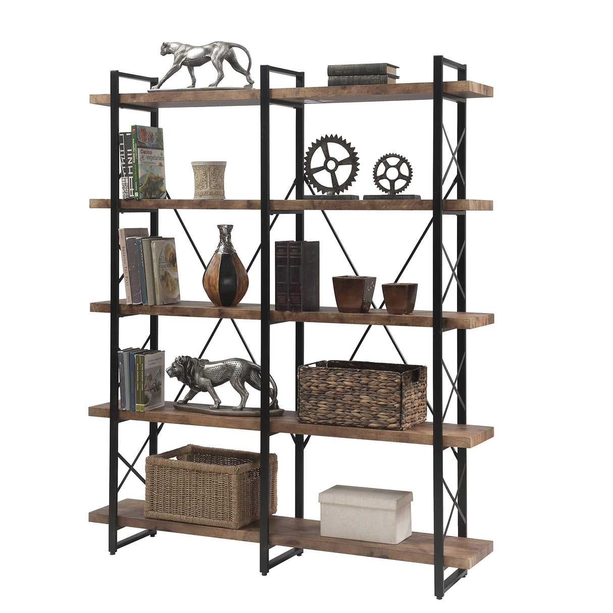 5-Tier Bookcase, Tall Freestanding Wooden Bookshelf Industrial Style