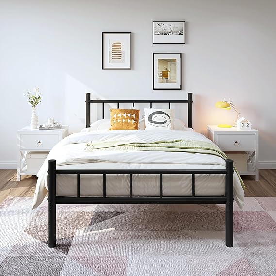 Queen Size Metal Bed Frame with Headboard & Footboard - 14 Inch Platform with Steel Slat Support