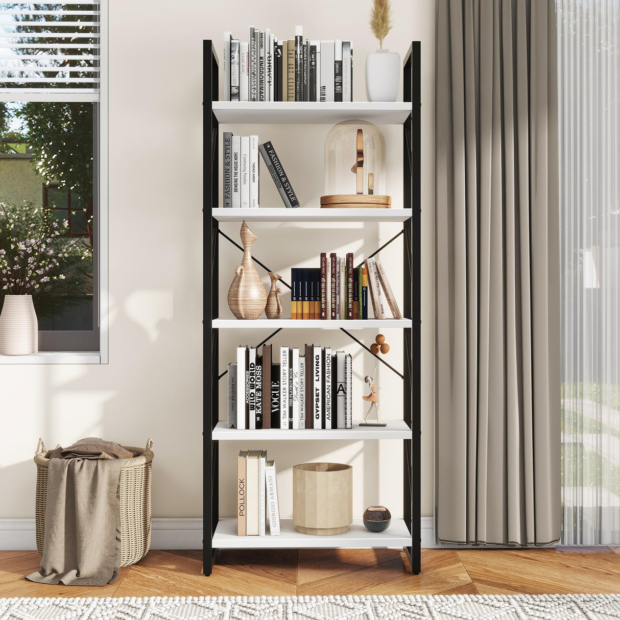 5 Tier Bookshelf, White Bookcase Storage Shelves Organizer