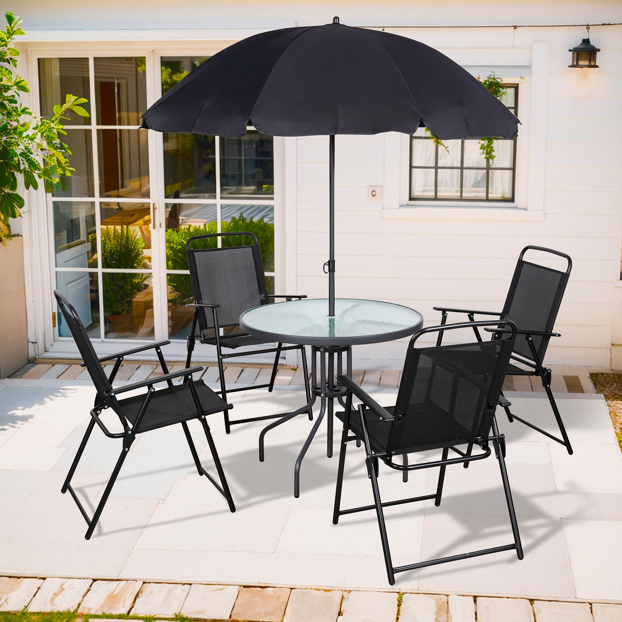 6 Piece Patio Dining Set with Umbrella, Outdoor Furniture Set with 4 Folding Chairs