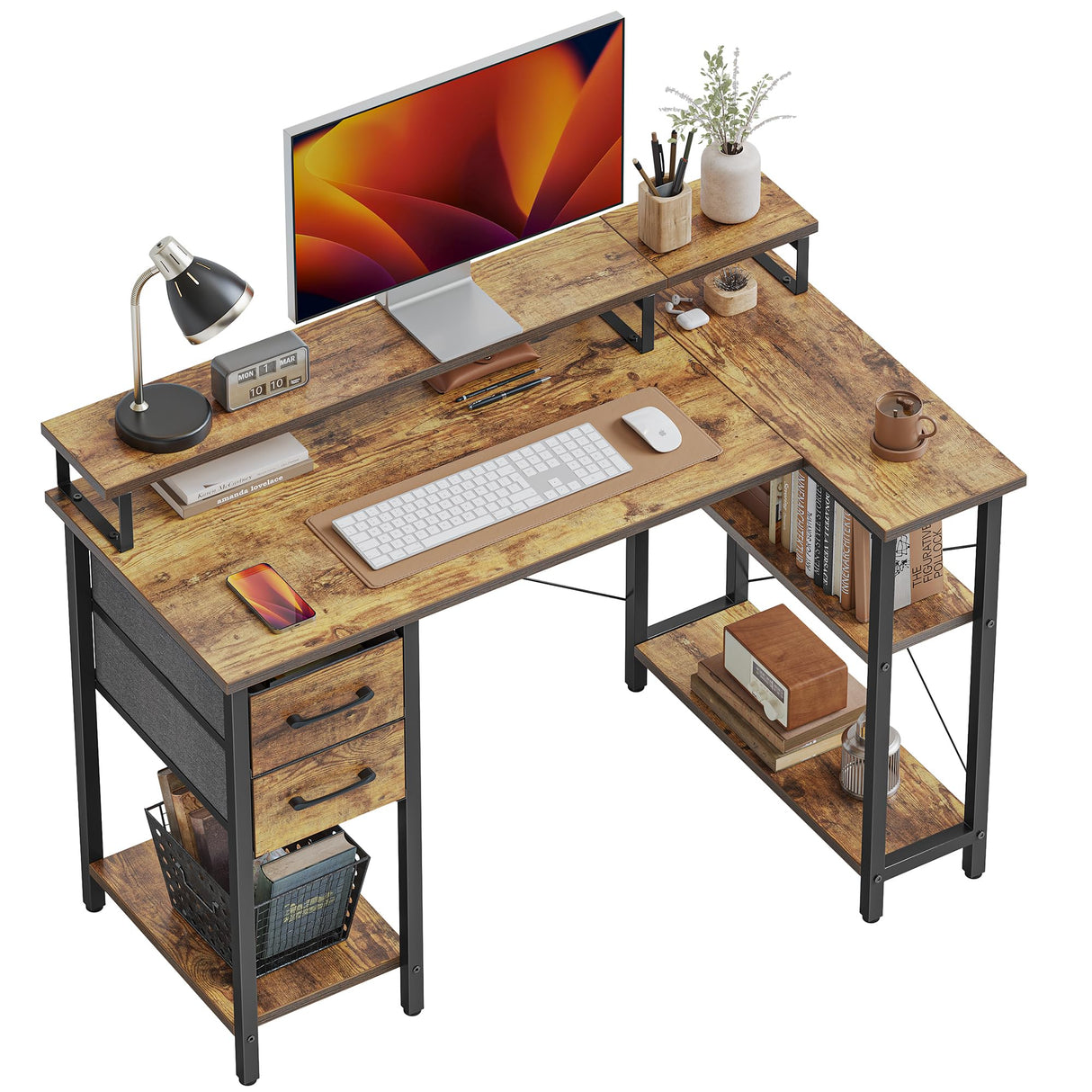 L Shaped Computer Desk with Monitor Stand & Shelves, 47 Inch Corner Home Office Desk Writing Table with Storage Drawer, Brown