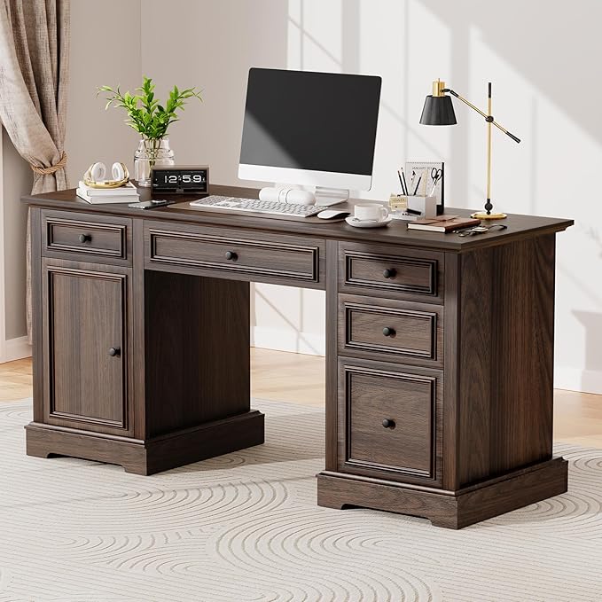Farmhouse Executive Desk with Drawers and Cabinet, Embossed Texture Wood Home