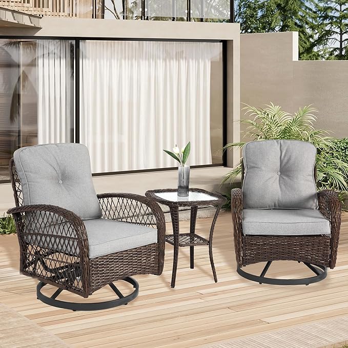 3-Piece Swivel Patio Bistro Set - 360° Rattan Wicker Rocker Chairs with Cushions