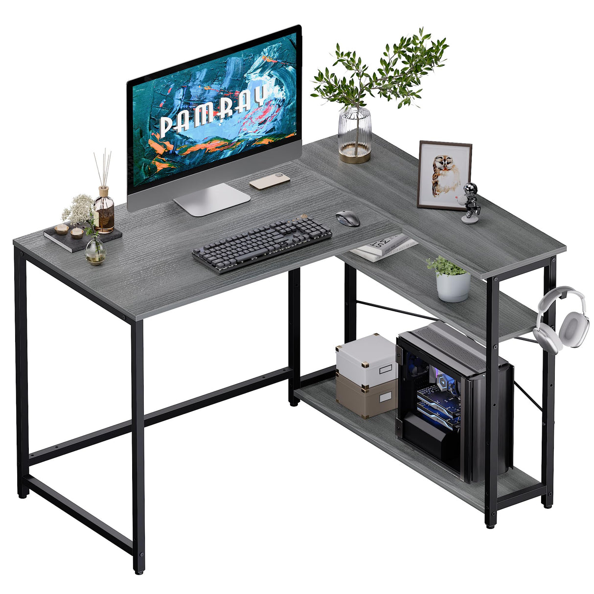 43 Inch L Shaped Computer Desk with Reversible Side Storage Shelves, Small Corner Desk
