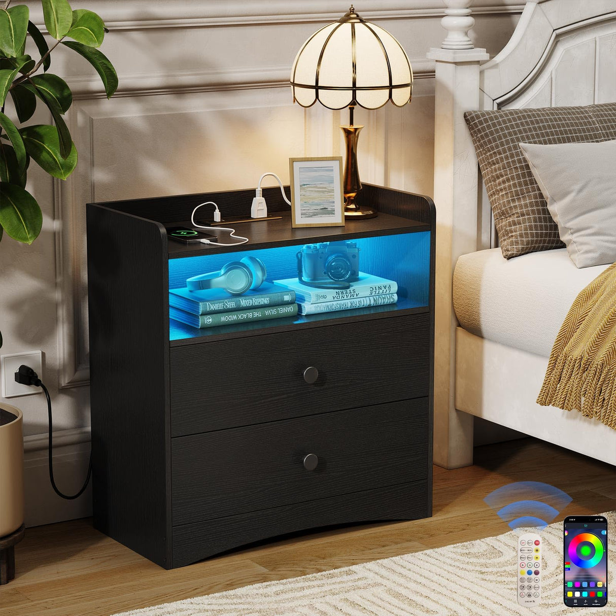 Nightstand with Charging Station and LED Light