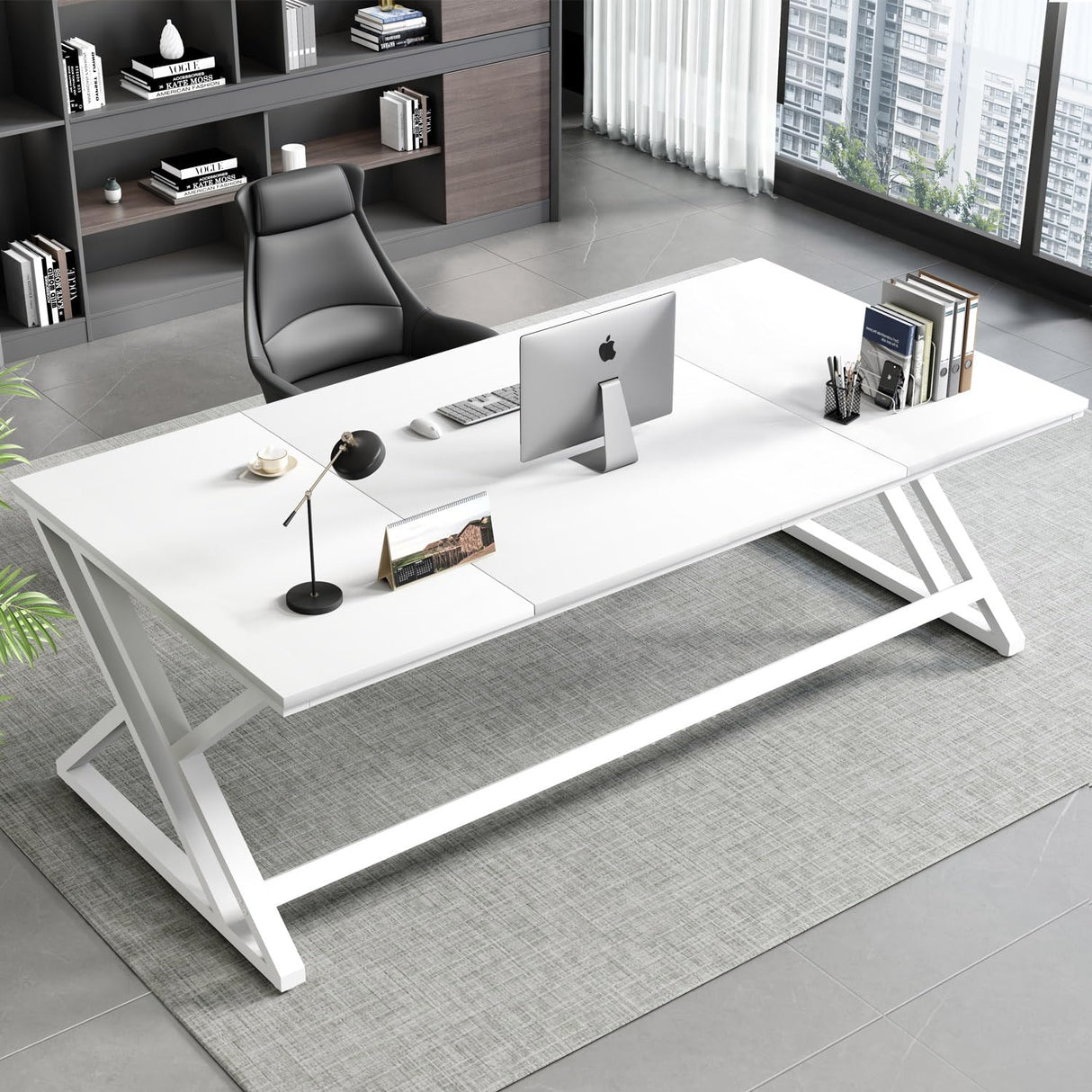 White 70.8" Computer Desk, Modern Large Long Wood Metal Office Desk