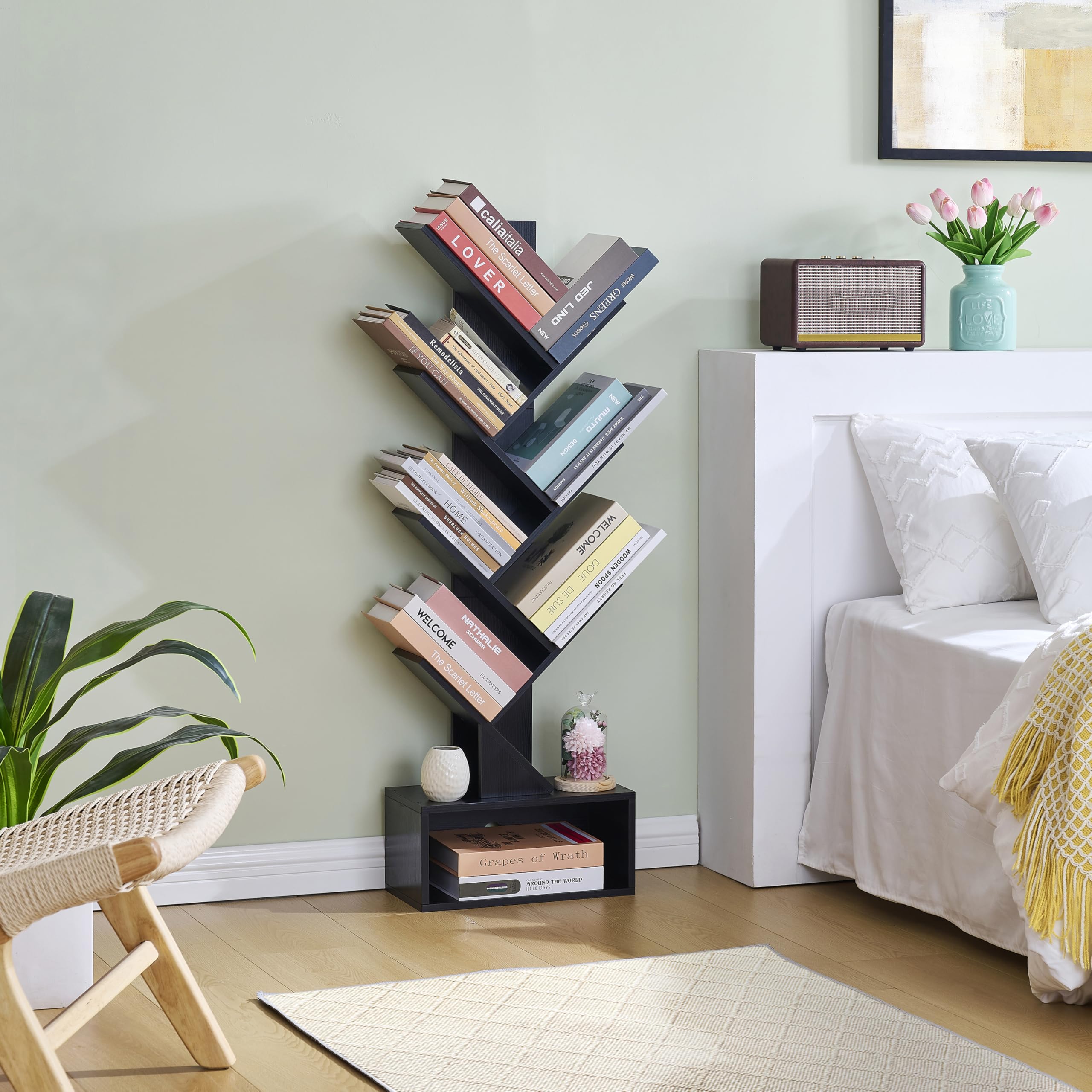 Hoctieon 6 Tier Tree Bookshelf, Tall Bookcase with Drawer, Freestanding Book Shelf, Display Floor Standing Storage Shelf, Book Organizer Shelves for Home Office, Living Room, Bedroom, Black