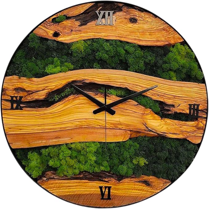 Olive Wood Wall Clock with Steel Frame, Living Room Kitchen Wall Decor