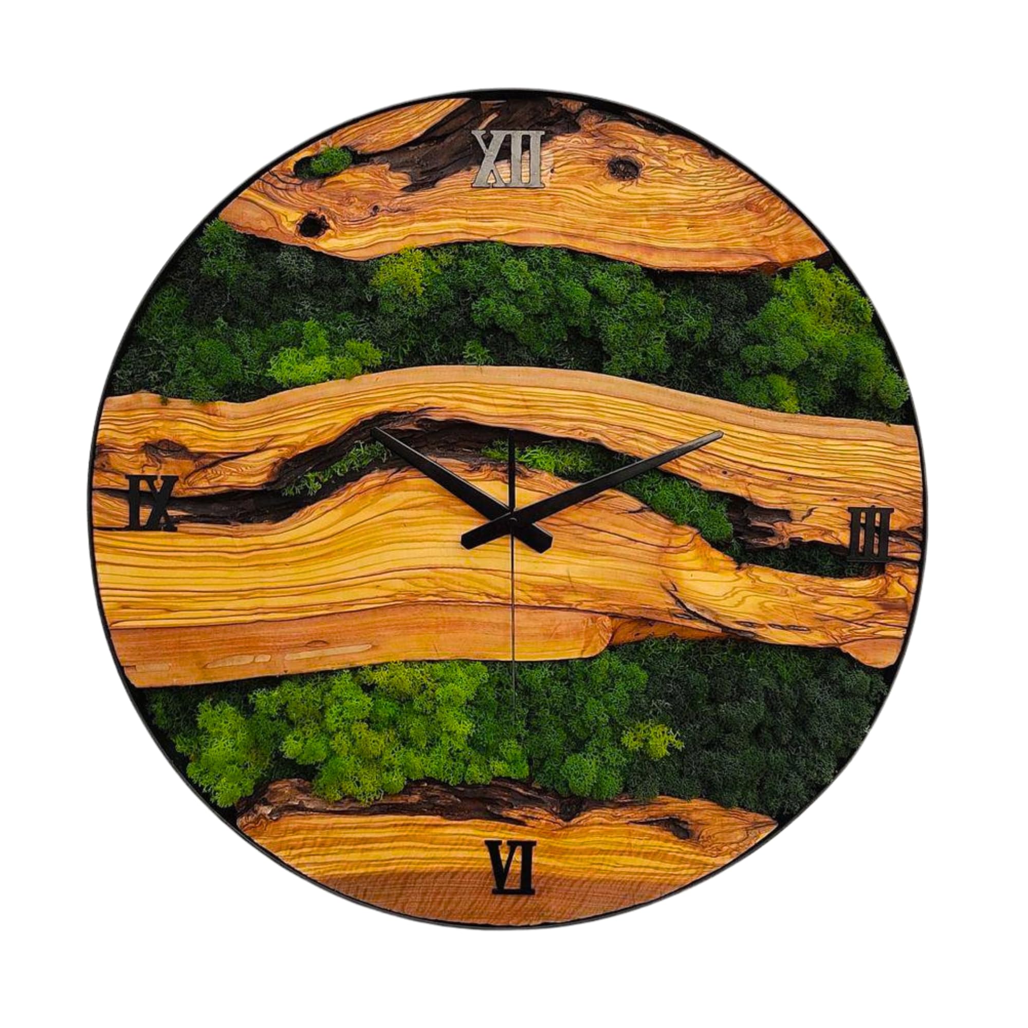 Olive Wood Wall Clock with Steel Frame, Living Room Kitchen Wall Decor