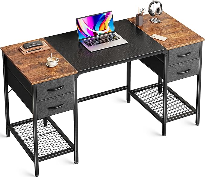 55 Inch Computer Desk with 4 Drawers, Office Desk with Mesh Shelf
