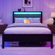 with LED Lights and Charging Station, Heavy Duty Metal Bed with Storage Fabric Headboard