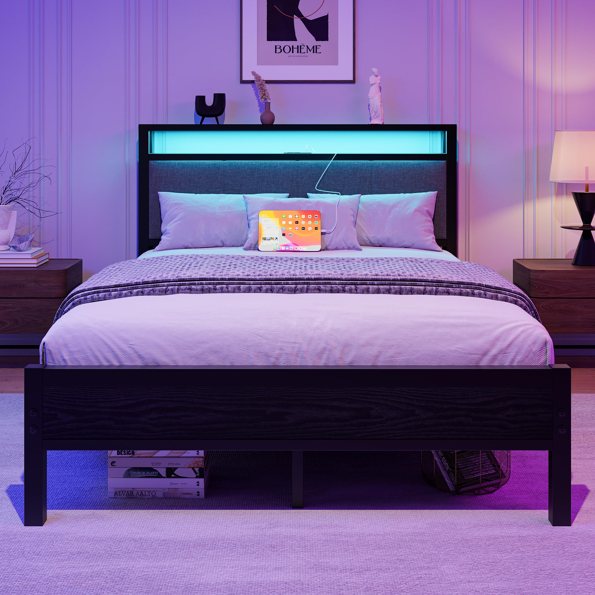 with LED Lights and Charging Station, Heavy Duty Metal Bed with Storage Fabric Headboard