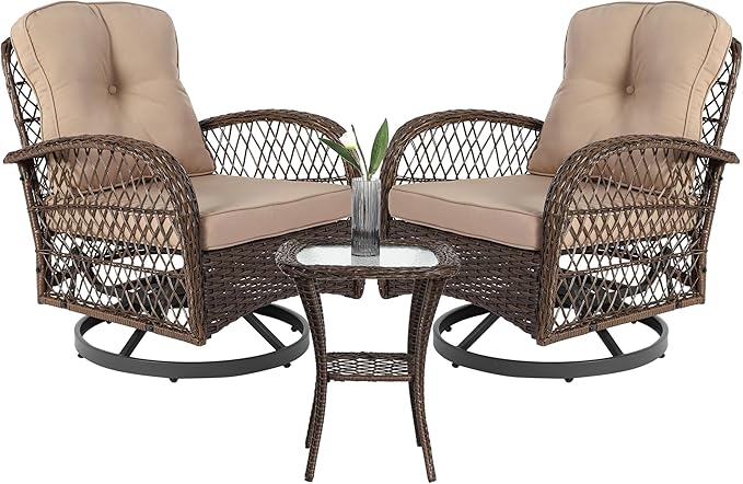 3-Piece Swivel Patio Bistro Set - 360° Rattan Wicker Rocker Chairs with Cushions
