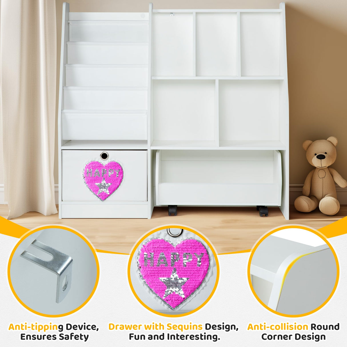 KOLIGEY Kids Bookshelf and Toy Organizer, 5-Cubby Toy Storage Cabinet with 4 Tier Wooden Bookcase, 1 Removable Toy Cabinet with Wheels for Bedroom, Living Room, Playroom, Nursery, Classroom