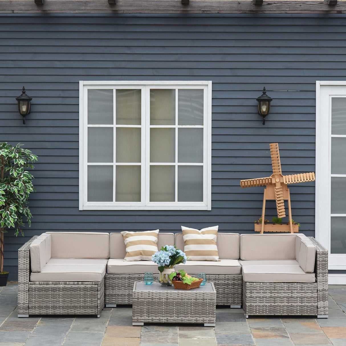 7-Piece Patio Furniture Set, Outdoor Wicker Conversation Set, All Weather PE Rattan Sectional Sofa Set with Cushions and Faux Wood Table, Stripe Pillows, Beige