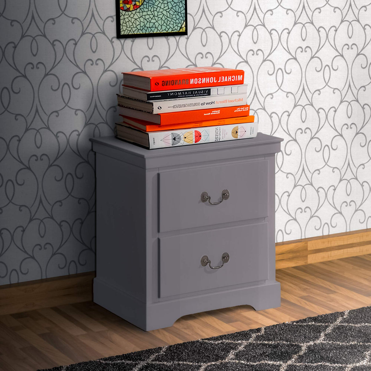 2 Drawer Wooden Nightstand with Metal Drop Handles and Bracket Feet, Gray