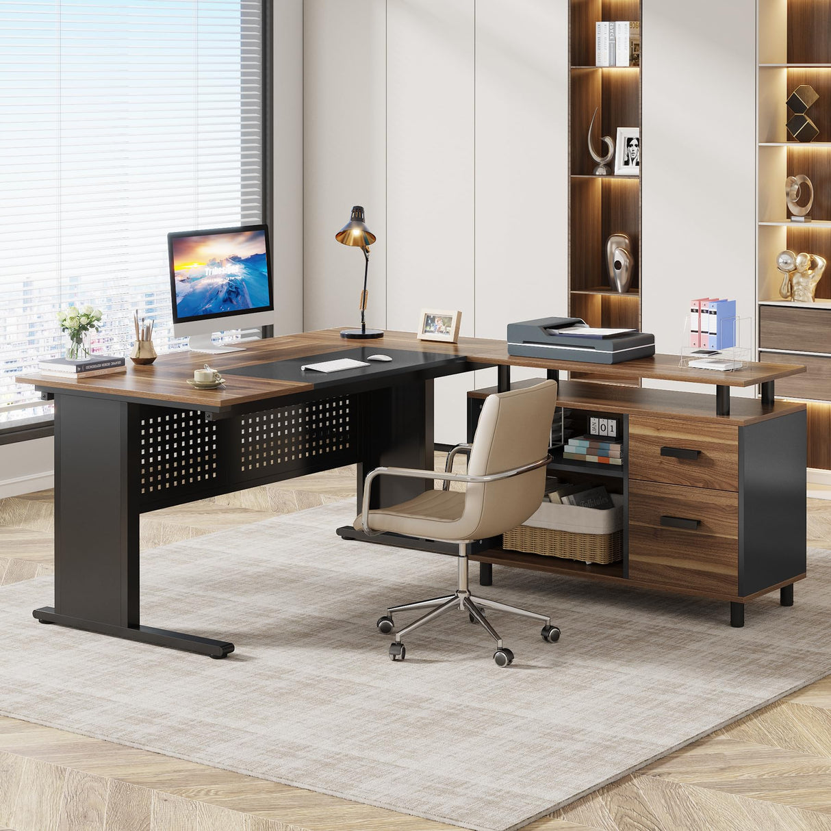 63 Inch Executive Desk with File Cabinet, Large Office Desk L Shaped Computer Desk