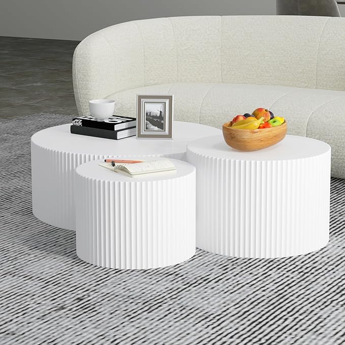 White Round Coffee Table Set of 2, Nesting Coffee Tables for Living Room