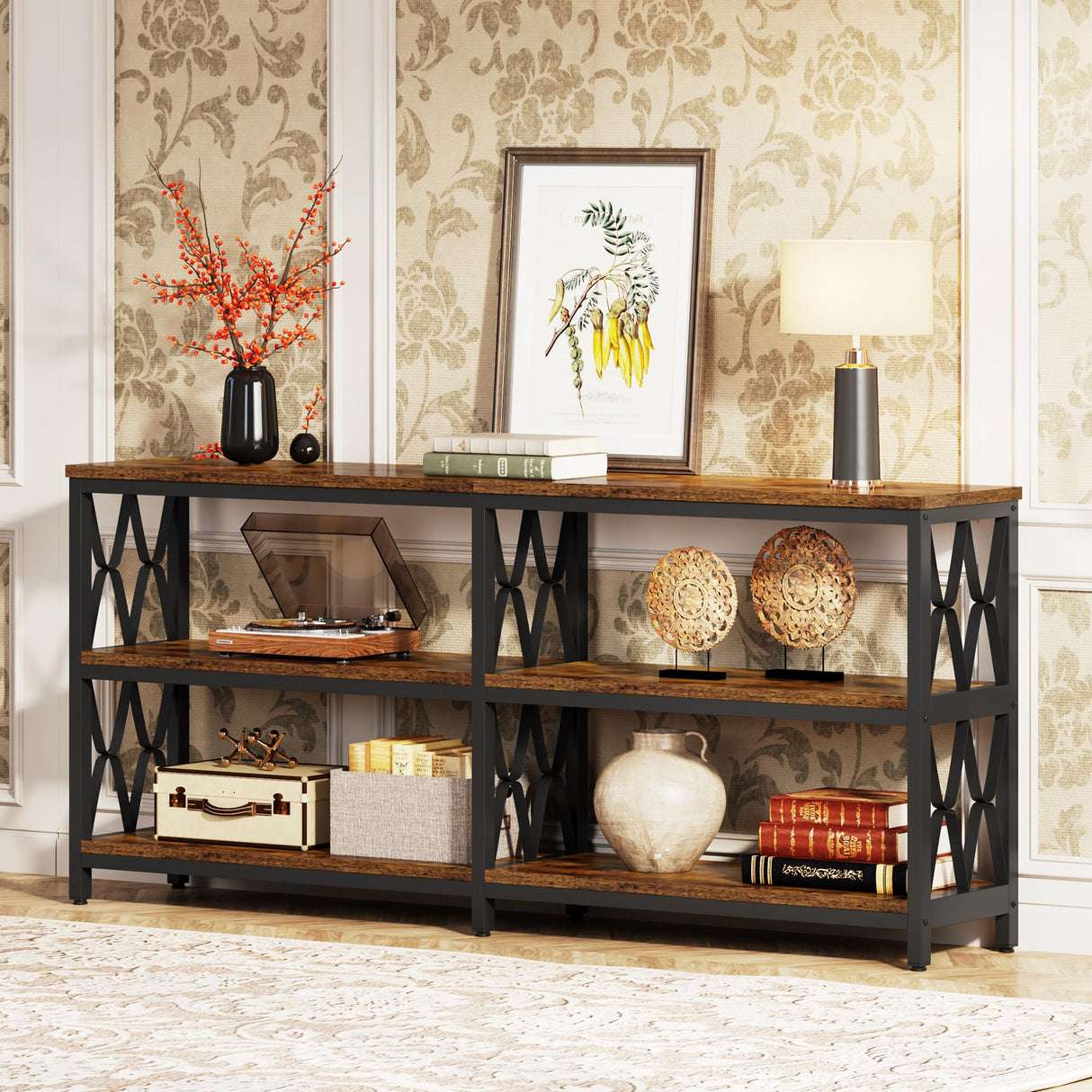 70.9" Long Console Table with Storage Shelves, Industrial 3-Tier Sofa Table for Living Room