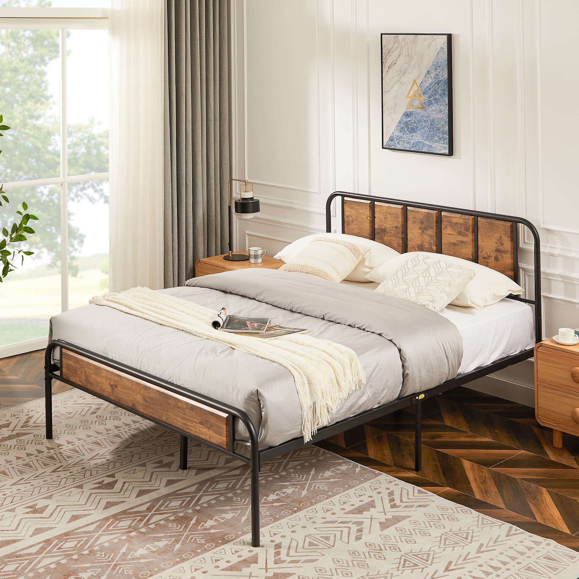 Full Size Metal Platform Bed Frame with Wooden Headboard,Sturdy Steel Slats Support