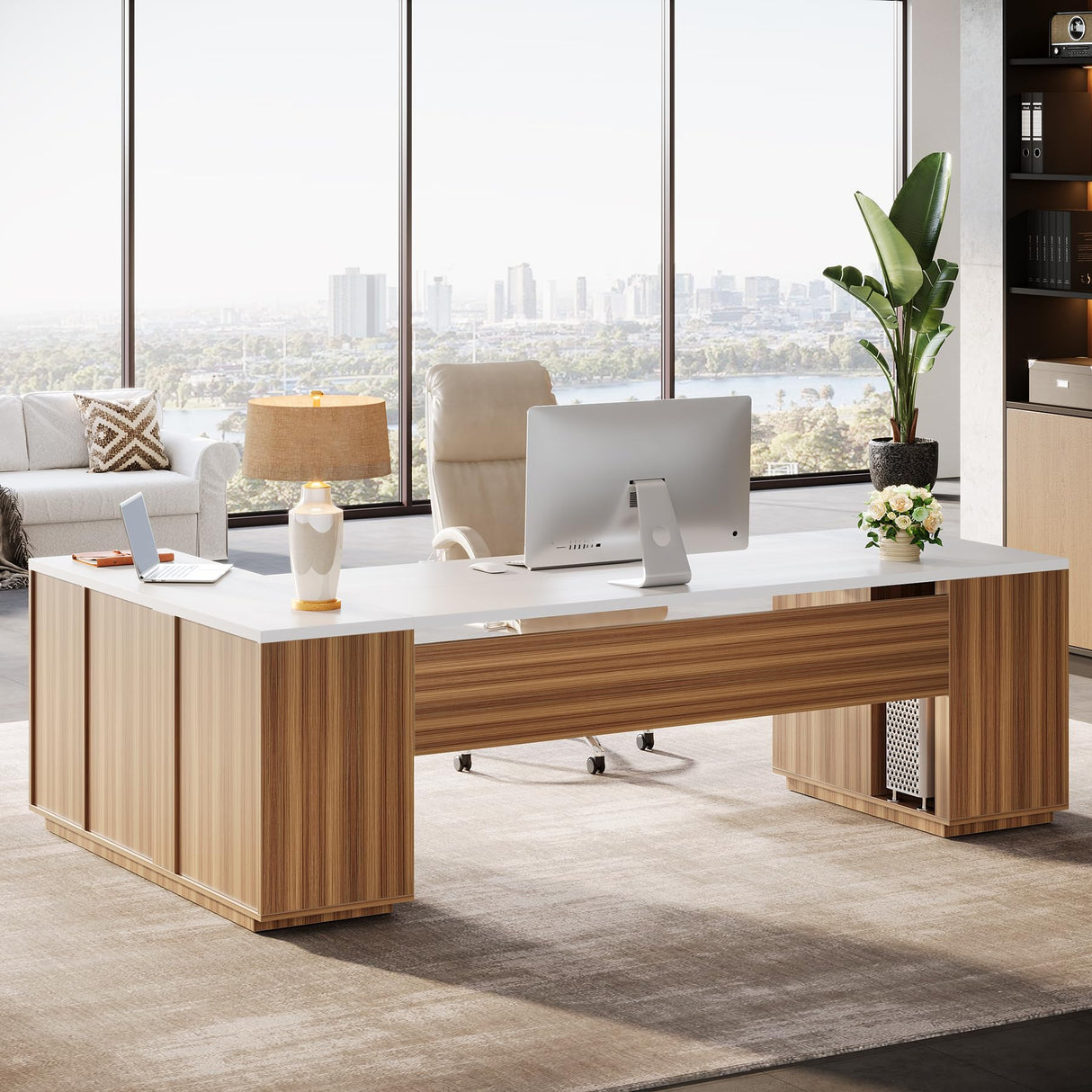 85.8" L-Shaped Executive Desk, Extra Large Office Desk with File Drawers