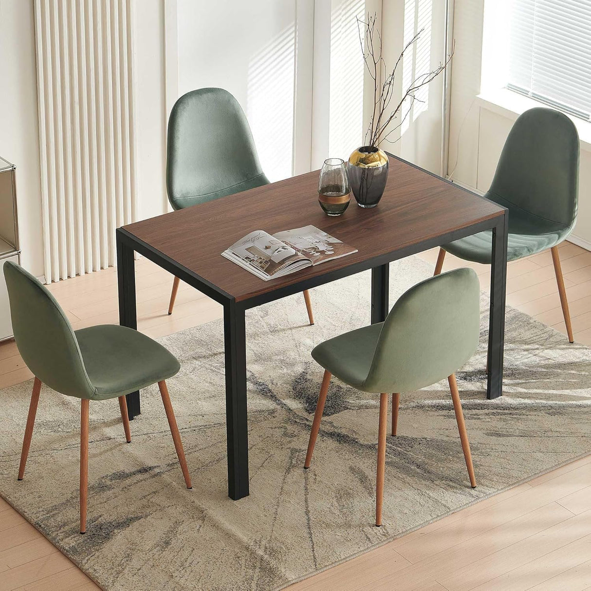 47" Dining Table, 4-Person Indoor Walnut Wood Grain Effect Table with Metal Legs