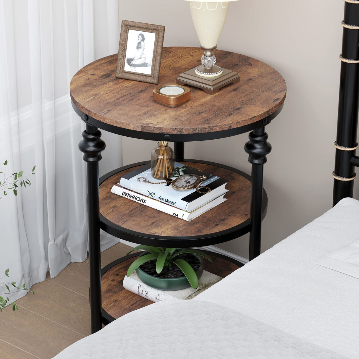 End Table 3-Tier Round Side Table Living Room Accent Table with Storage Shelf