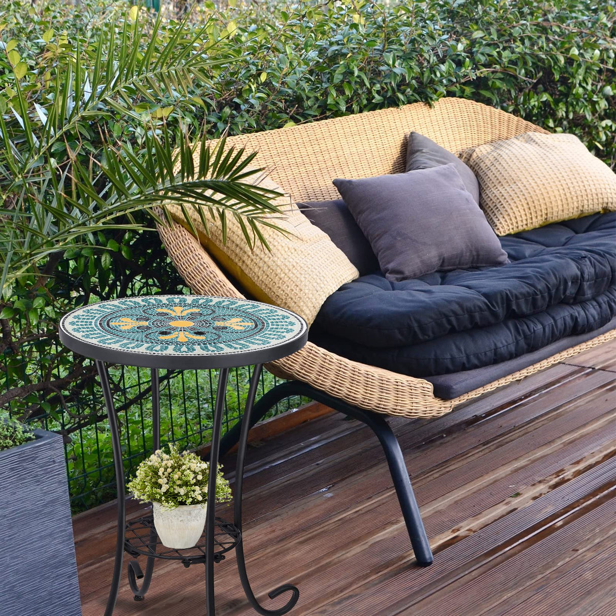 Outdoor Side Table Mosaic Patio Table Accent Tables Mosaic Tile Top Metal Frame Small