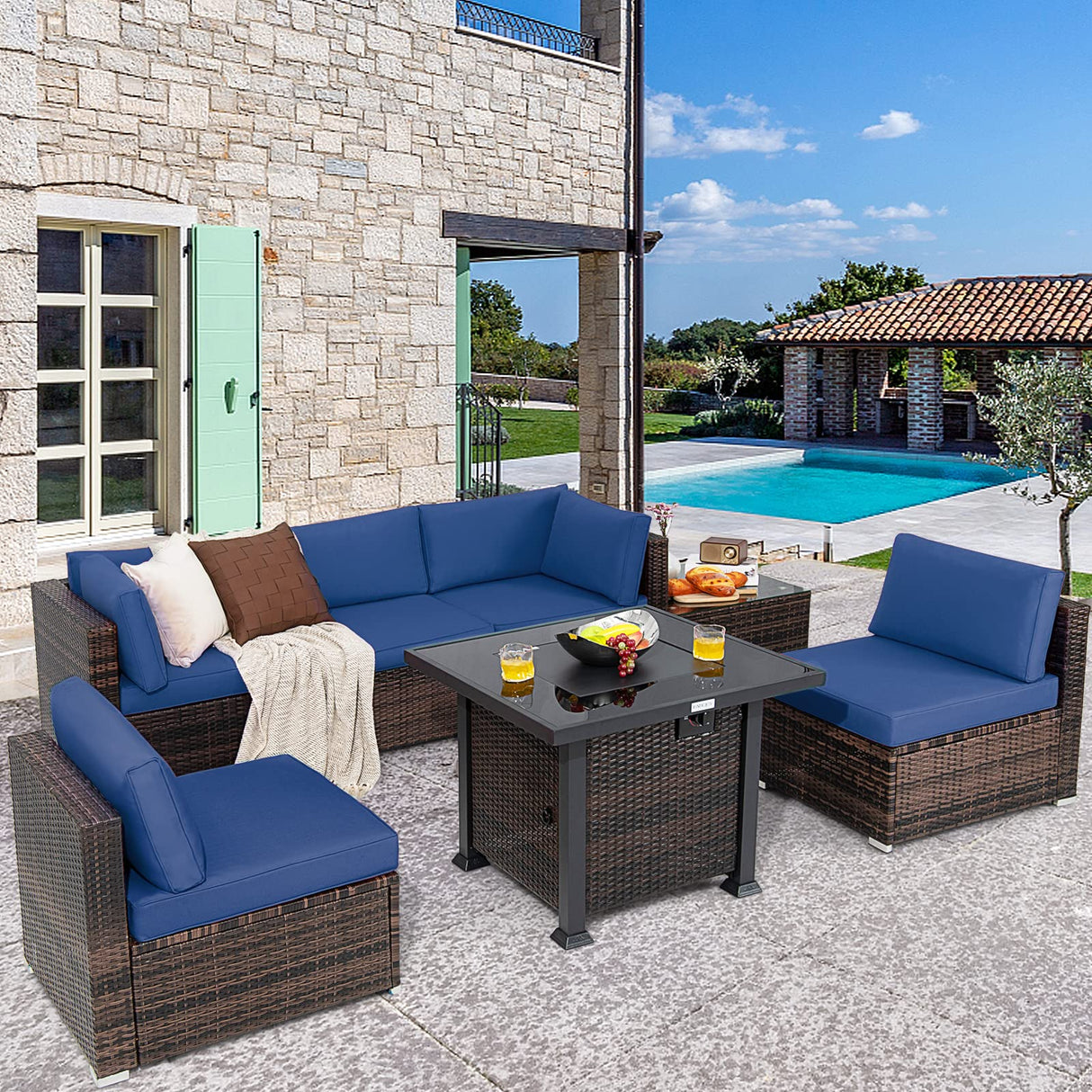 7 Pieces Patio Furniture Set with Fire Pit Table, 50