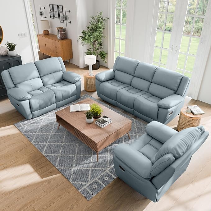 America Sorin Modern 3-Piece Leather Recliner Sofa Set with Pillow Armrests, Reclining