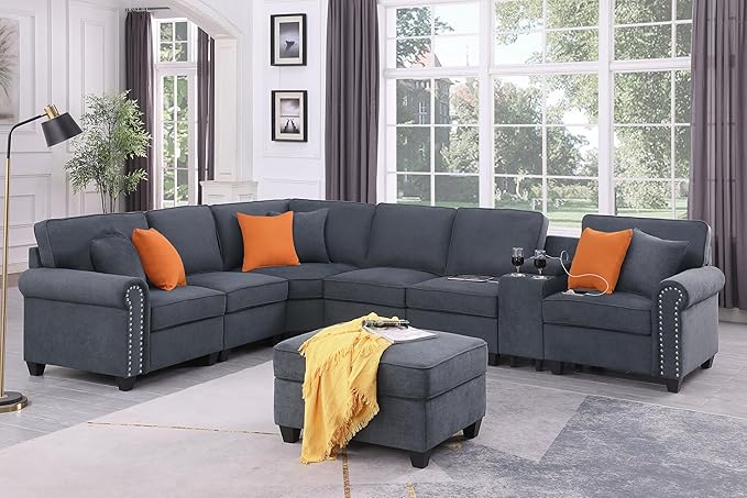 127" L-Shaped Sectional Couch with Movable Ottoman & 6 Throw Pillows