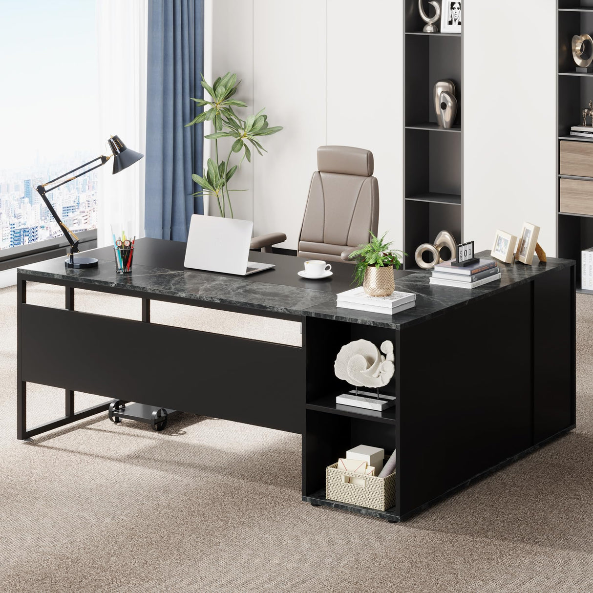 Office Desk with Drawers, 55 Inch L-Shaped Computer Desk with Storage Shelves