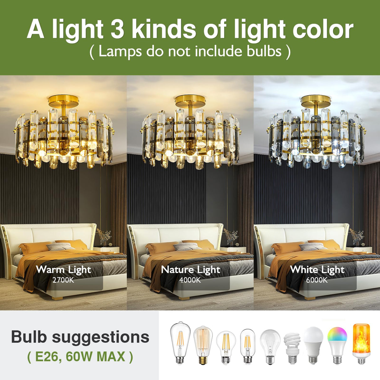 Light Crystal Ceiling Light Fixture Modern Gold Semi Flush Mount Ceiling Light Metal Close