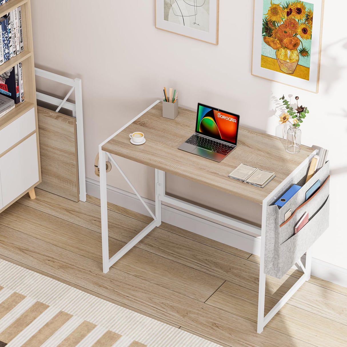 Small Folding Desk, 31.5 Inch Spaces Saving Foldable Table with Storage Pocket