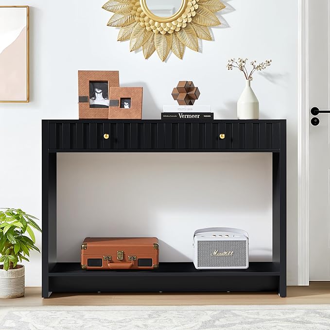 Entryway Console Table with Fluted Drawers, Mid Century Entryway Table with Storage